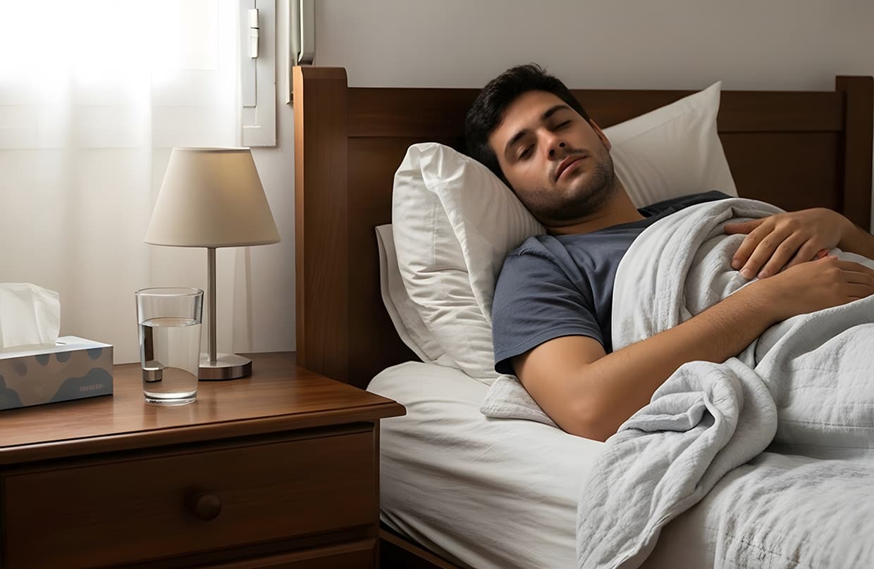 Hombre durmiendo en una cama junto a una mesa de noche.